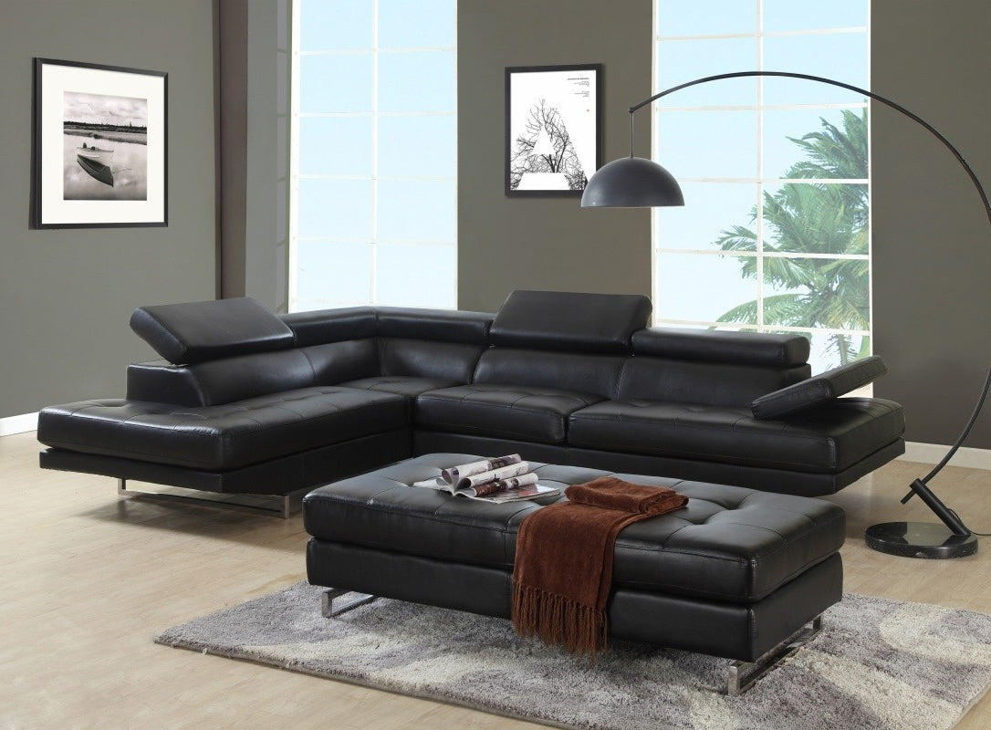 Black Faux Leather L Shaped Two Piece Corner Sectional