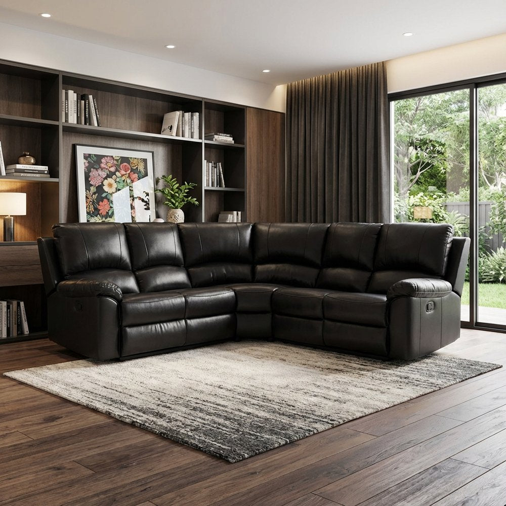 Black Polyester Blend Reclining U Shaped Three Piece Corner Sectional
