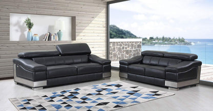 Two Piece Indoor Black Italian Leather Five Person Seating Set