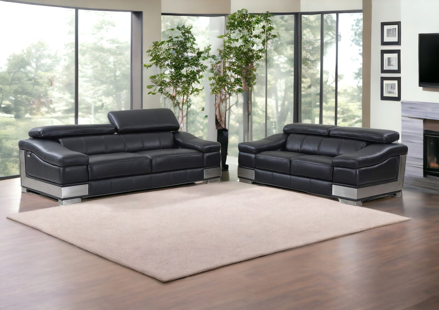 Two Piece Indoor Black Italian Leather Five Person Seating Set