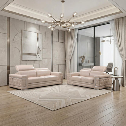 Two Piece Indoor Beige Italian Leather Five Person Seating Set