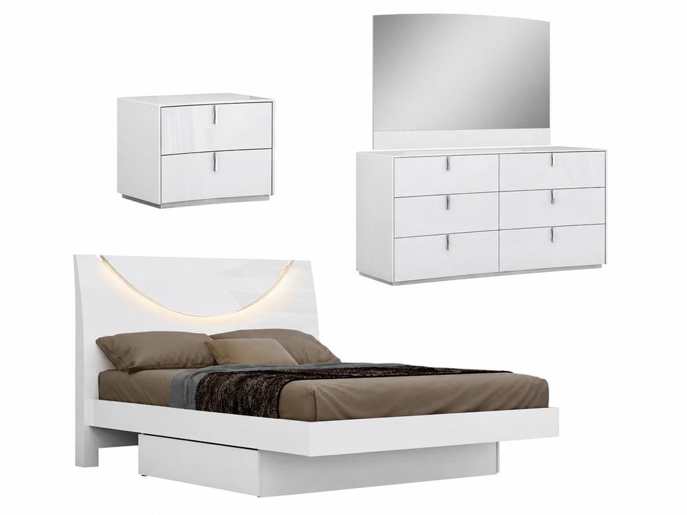 Four Piece White Solid and Manufactured Wood Bedroom Set With Mirror