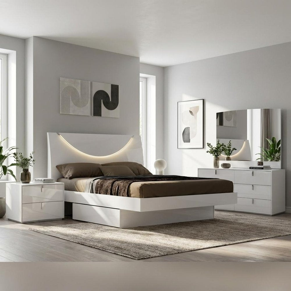 Four Piece White Solid and Manufactured Wood Bedroom Set With Mirror