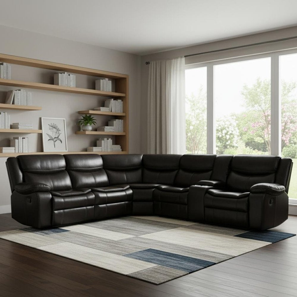 Brown Polyester Blend Reclining U Shaped Three Piece Corner Sectional With Console