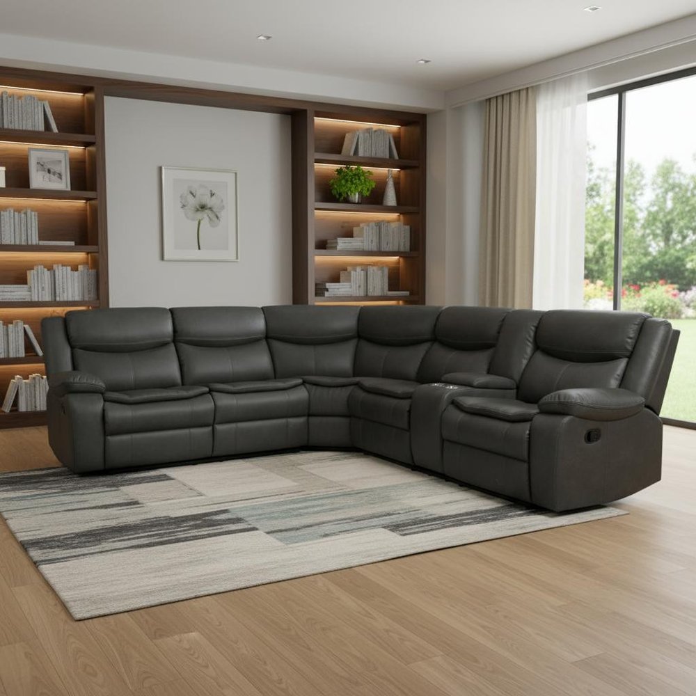 Gray Polyester Blend Reclining U Shaped Three Piece Corner Sectional With Console