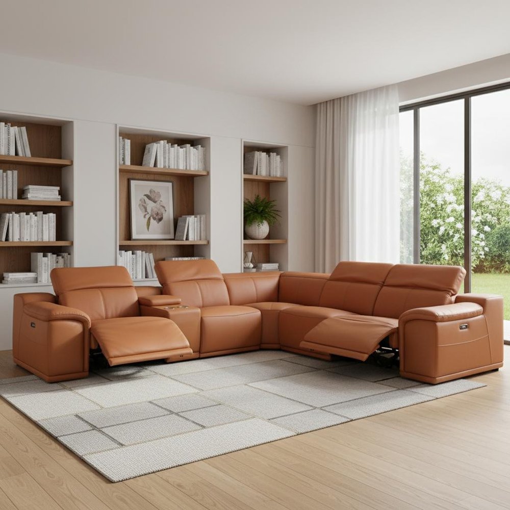 Camel Italian Leather Power Reclining U Shaped Six Piece Corner Sectional With Console