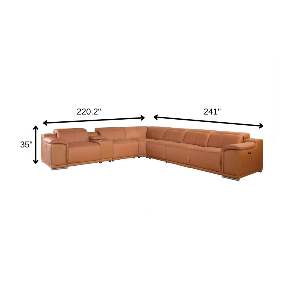 Camel Italian Leather Power Reclining U Shaped Seven Piece Corner Sectional With Console