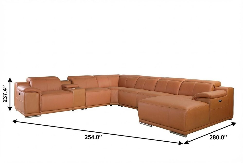 Camel Italian Leather Power Reclining U Shaped Seven Piece Corner Sectional With Console