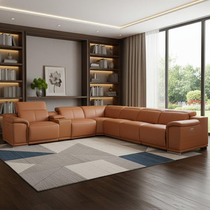 Camel Italian Leather Power Reclining U Shaped Seven Piece Corner Sectional With Console