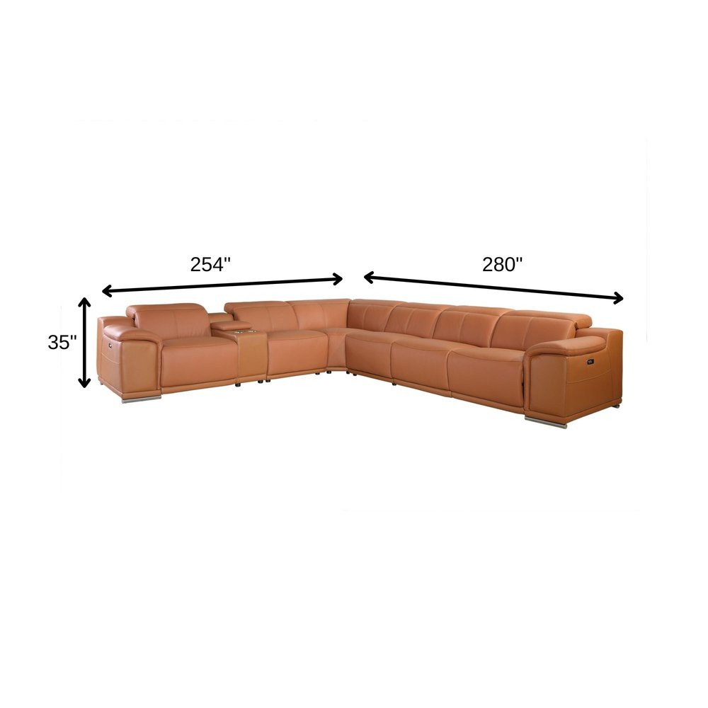 Camel Italian Leather Power Reclining U Shaped Seven Piece Corner Sectional With Console