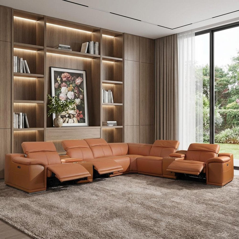 Camel Italian Leather Power Reclining U Shaped Eight Piece Corner Sectional With Console