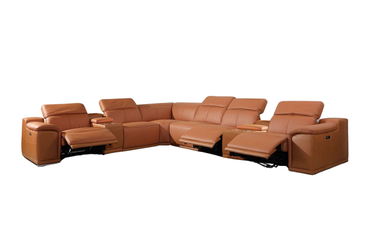 Camel Italian Leather Power Reclining U Shaped Eight Piece Corner Sectional With Console