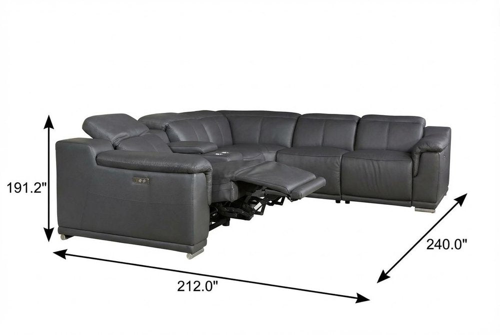 Gray Italian Leather Power Reclining U Shaped Six Piece Corner Sectional With Console