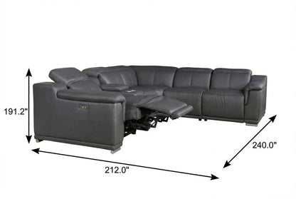 Gray Italian Leather Power Reclining U Shaped Six Piece Corner Sectional With Console