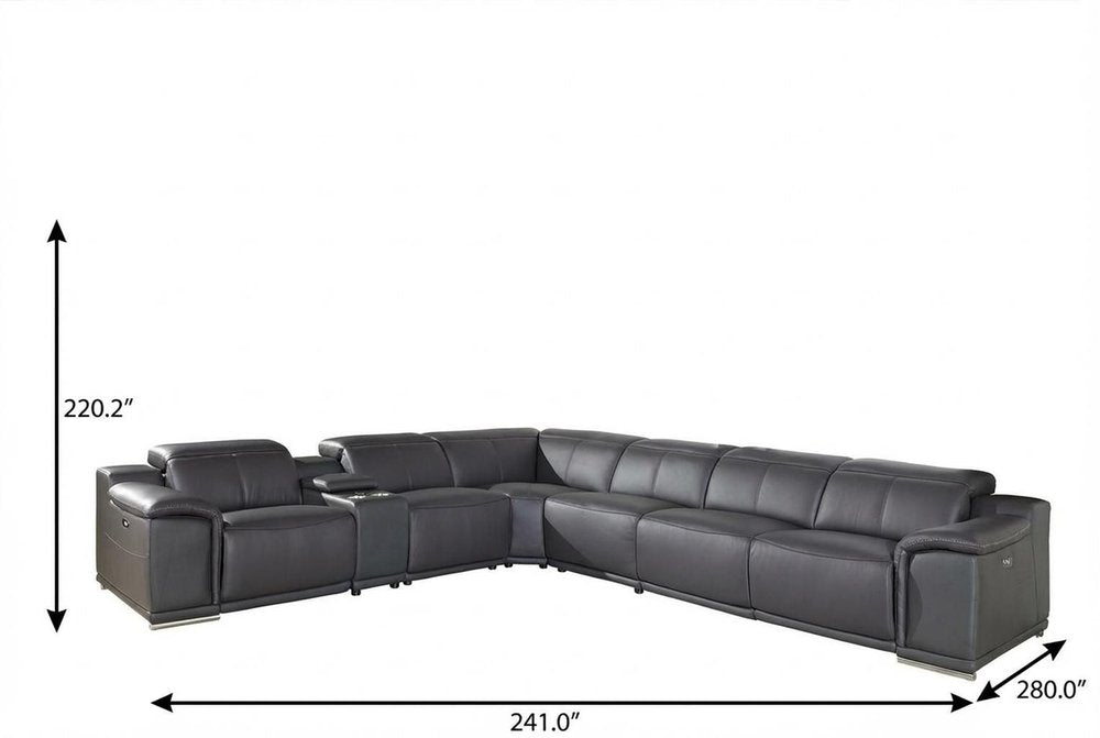 Gray Italian Leather Power Reclining U Shaped Seven Piece Corner Sectional With Console