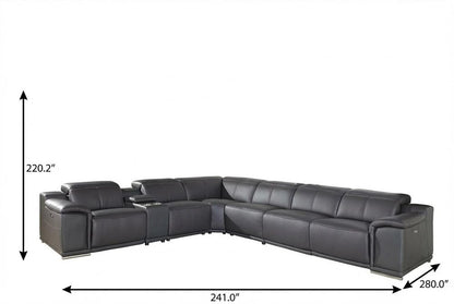 Gray Italian Leather Power Reclining U Shaped Seven Piece Corner Sectional With Console