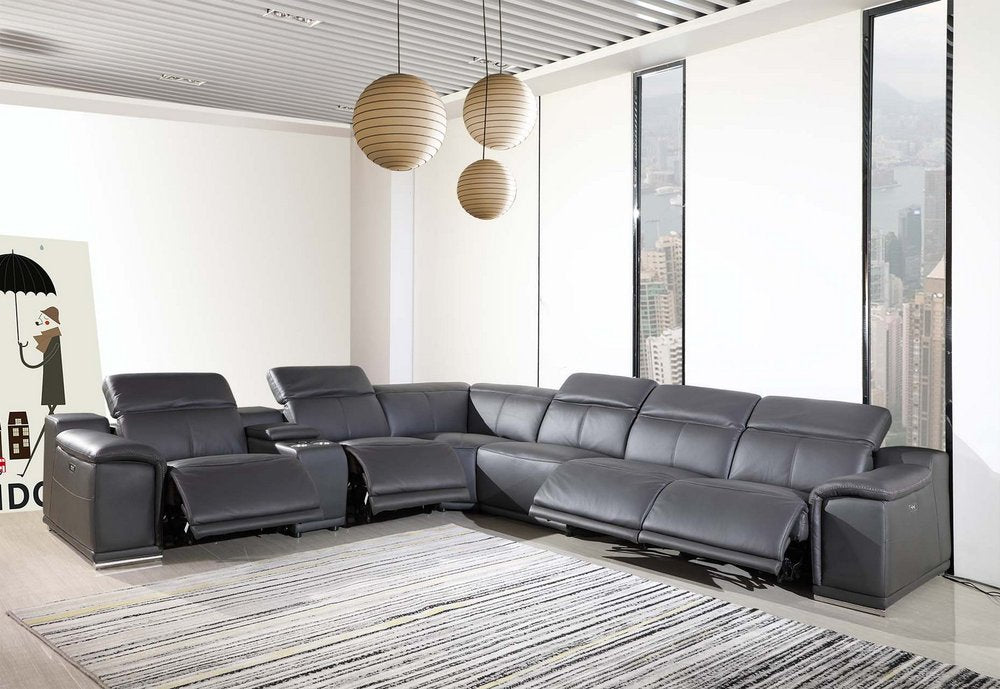 Gray Italian Leather Power Reclining U Shaped Seven Piece Corner Sectional With Console