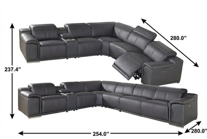 Gray Italian Leather Power Reclining U Shaped Seven Piece Corner Sectional With Console