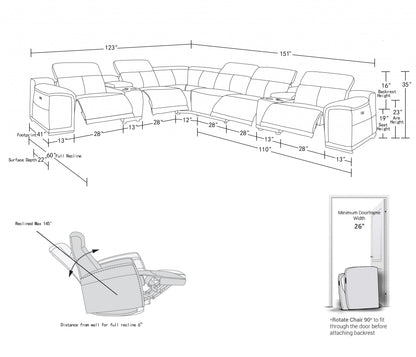 Gray Italian Leather Power Reclining U Shaped Eight Piece Corner Sectional With Console