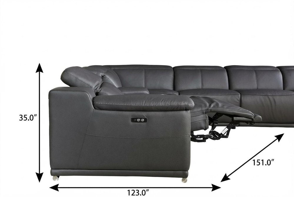Gray Italian Leather Power Reclining U Shaped Eight Piece Corner Sectional With Console