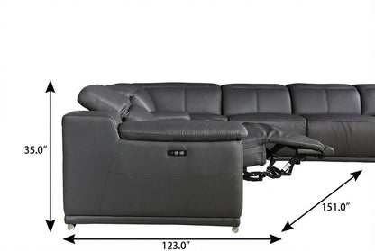 Gray Italian Leather Power Reclining U Shaped Eight Piece Corner Sectional With Console