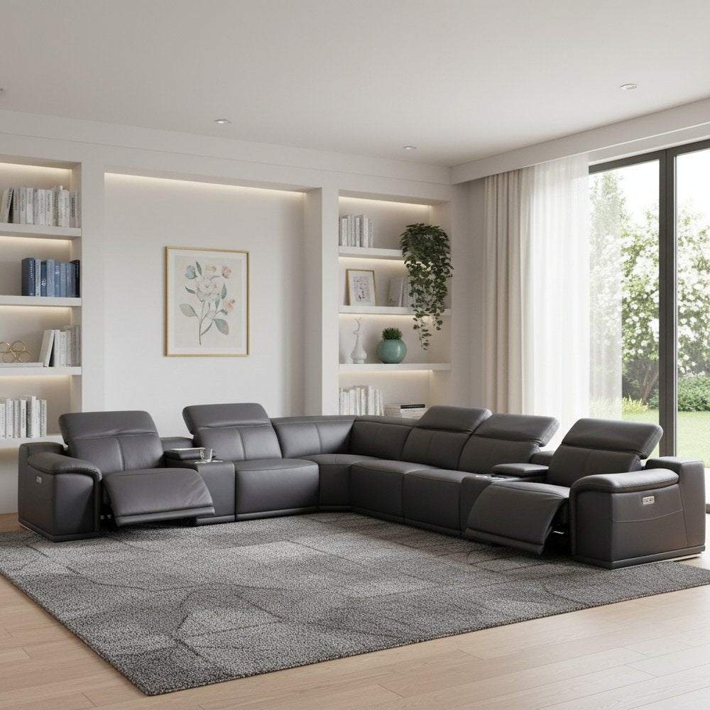 Gray Italian Leather Power Reclining U Shaped Eight Piece Corner Sectional With Console