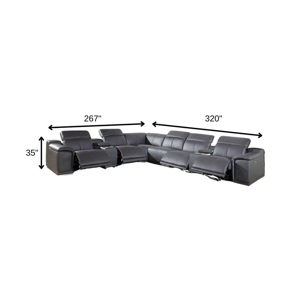 Gray Italian Leather Power Reclining U Shaped Eight Piece Corner Sectional With Console