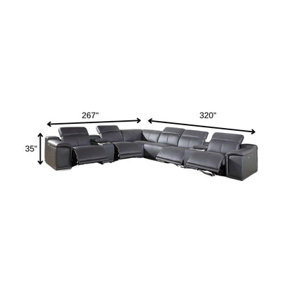 Gray Italian Leather Power Reclining U Shaped Eight Piece Corner Sectional With Console