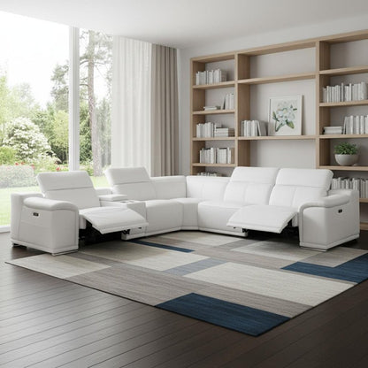 White Italian Leather Power Reclining U Shaped Six Piece Corner Sectional With Console