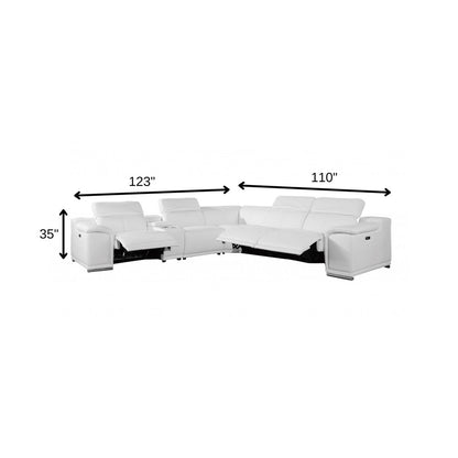 White Italian Leather Power Reclining U Shaped Six Piece Corner Sectional With Console