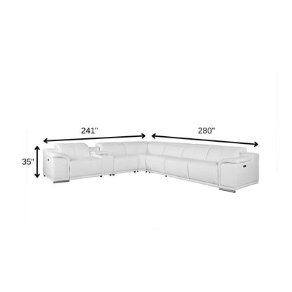 White Italian Leather Power Reclining U Shaped Seven Piece Corner Sectional With Console