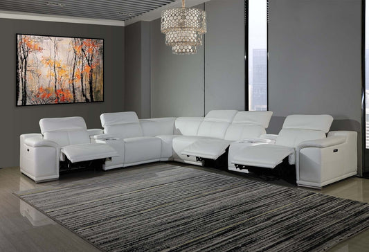 White Italian Leather Power Reclining U Shaped Eight Piece Corner Sectional With Console