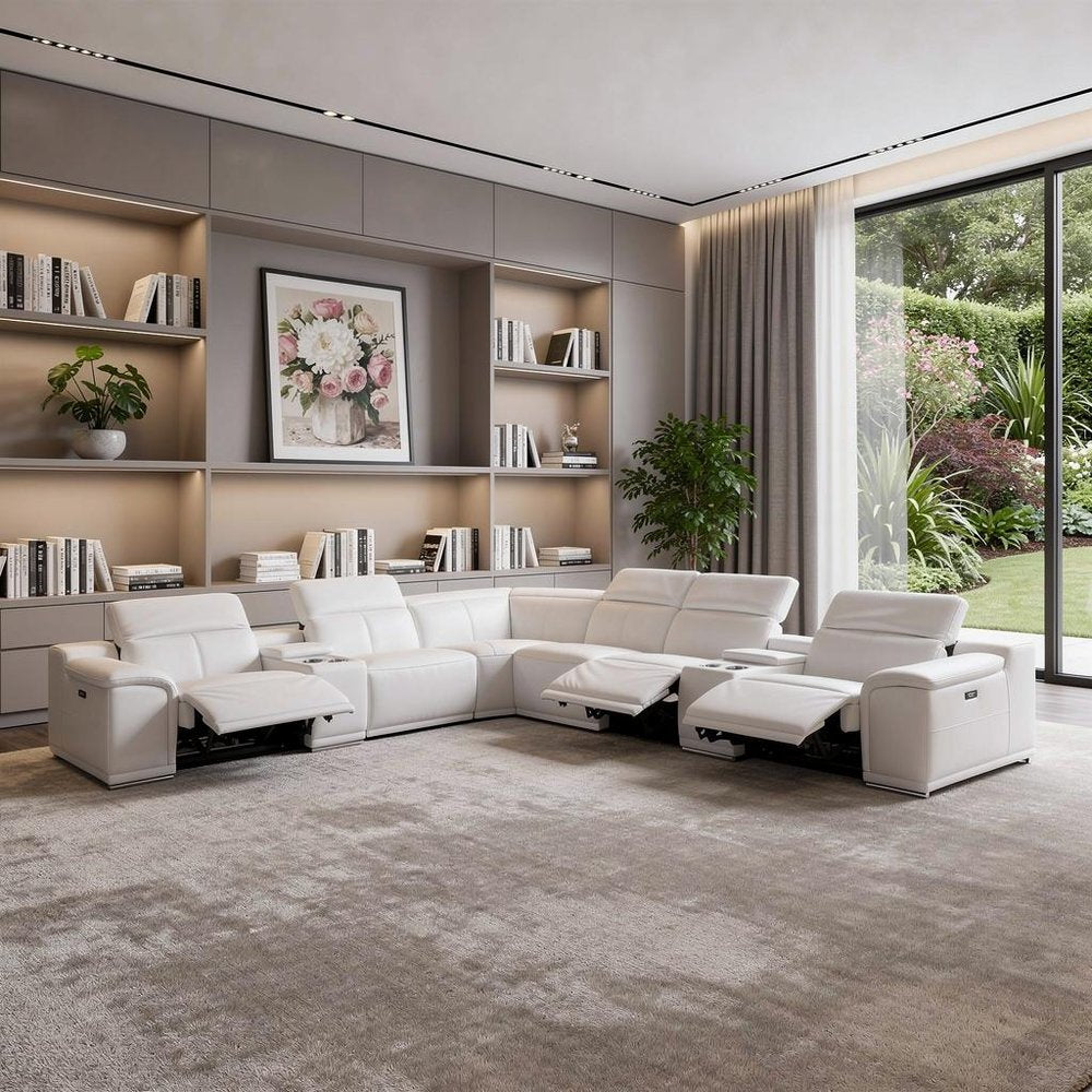 White Italian Leather Power Reclining U Shaped Eight Piece Corner Sectional With Console