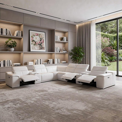 White Italian Leather Power Reclining U Shaped Eight Piece Corner Sectional With Console