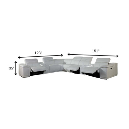 White Italian Leather Power Reclining U Shaped Eight Piece Corner Sectional With Console