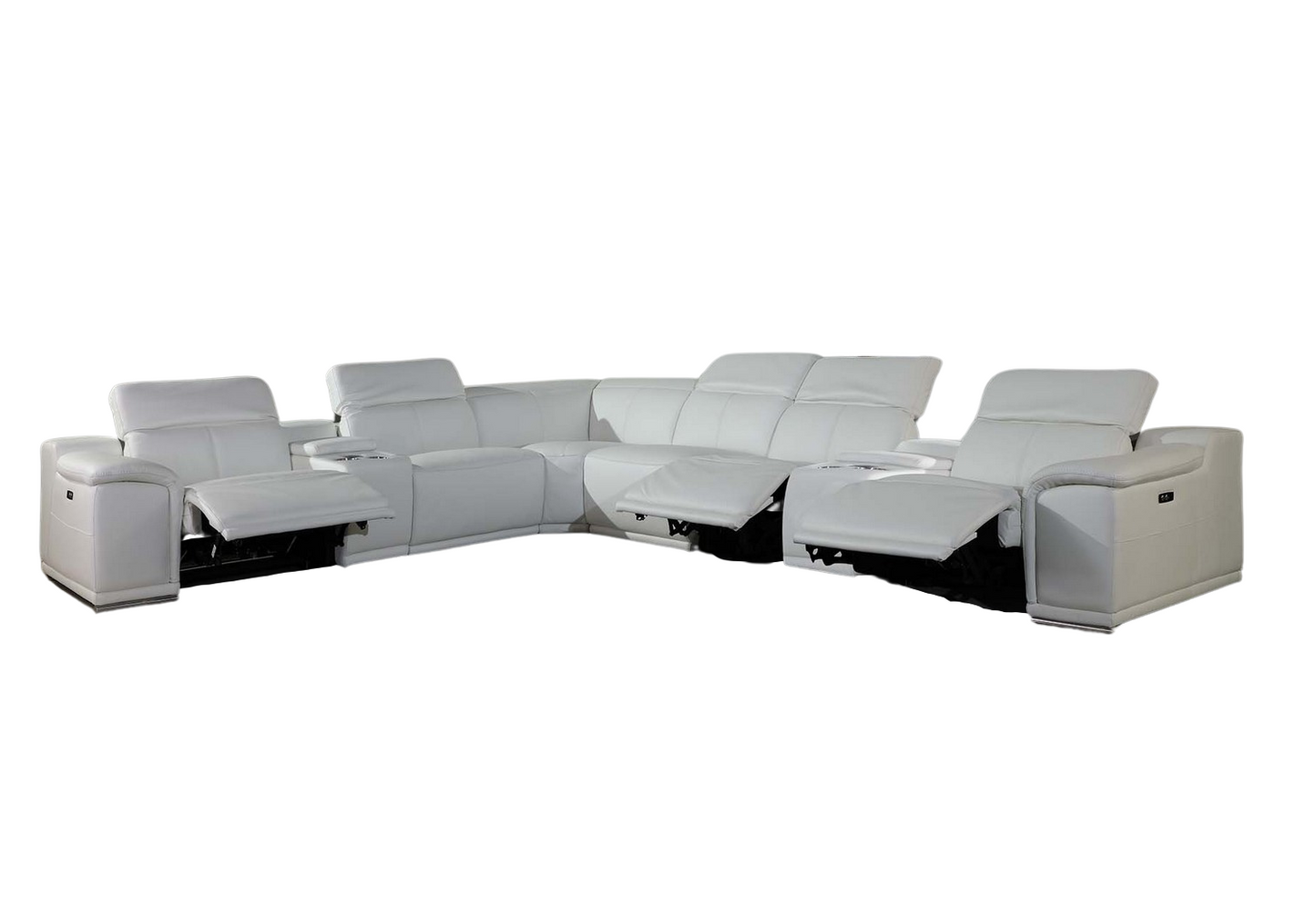 White Italian Leather Power Reclining U Shaped Eight Piece Corner Sectional With Console