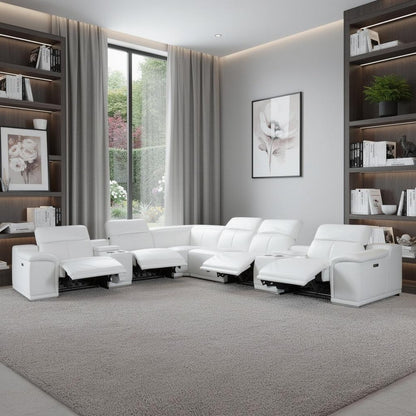 White Italian Leather Power Reclining U Shaped Eight Piece Corner Sectional With Console
