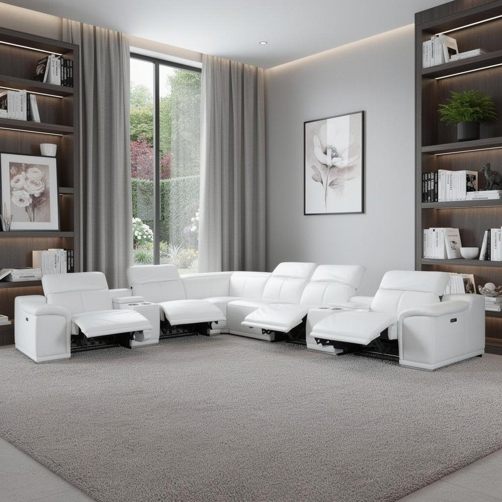 White Italian Leather Power Reclining U Shaped Eight Piece Corner Sectional With Console