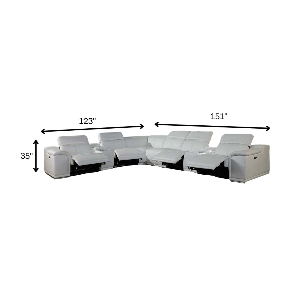 White Italian Leather Power Reclining U Shaped Eight Piece Corner Sectional With Console