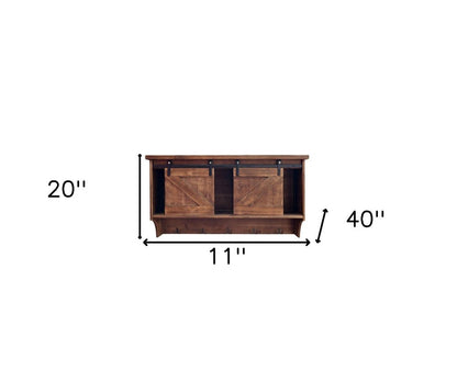 40" Brown Wood Five Hook Shelf With Barn Door Storage