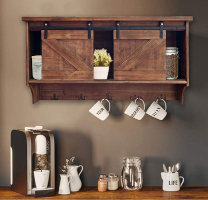 Rustic Wooden Shelf With Barn Door Storage And Hooks