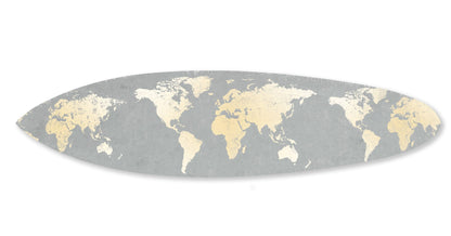 76" X 18" X 1" Grey And Gold World Map Surfboard Wall Art