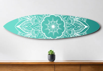 76" X 18" Blue and White Surfboard Floral Medallion Wood Wall Decor