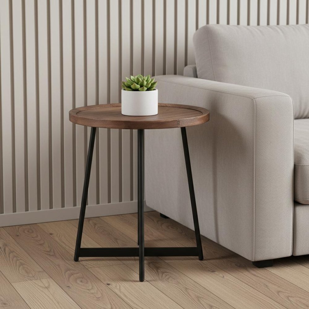 21.66" X 21.66" X 22.05" Round Side Table In American Walnut And Black