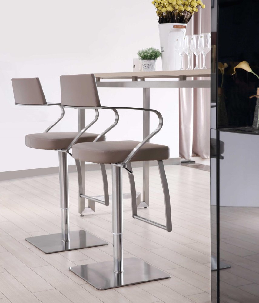 Taupe And Silver Faux Leather And Steel Bar Chair