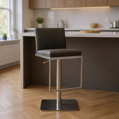 Dark Gray and Silver Faux Leather And Steel Adjustable Bar Chair