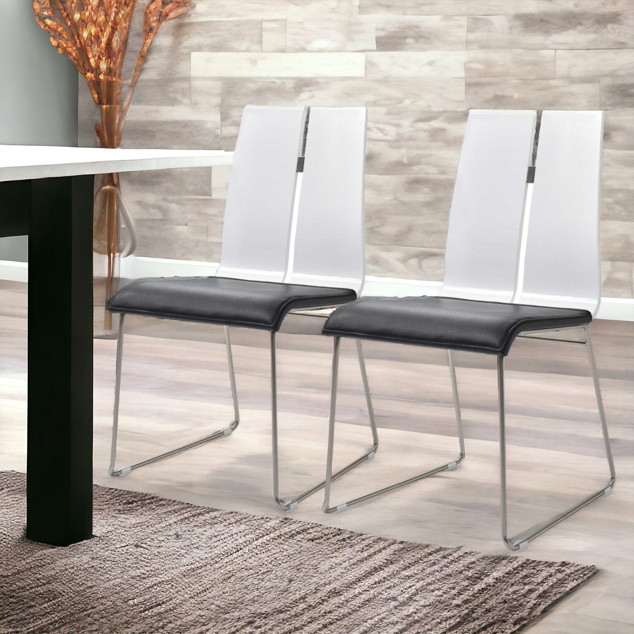 Set of Two Black And Silver Upholstered Faux Leather Dining Side Chairs