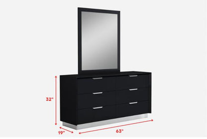 63" Black Wood Six Drawer Double Dresser