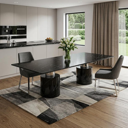 120" Black Marble Double Pedestal Base Dining Table