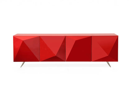 94" Red and Silver Stainless Steel and Metal Console Table